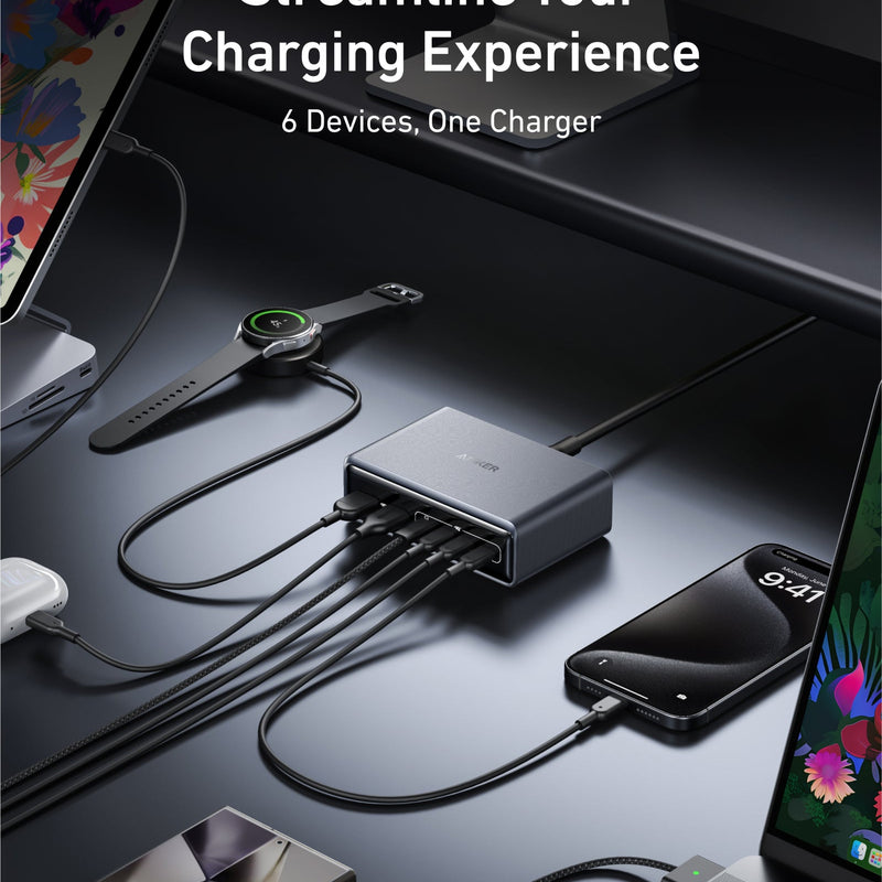 Anker Prime Charger 200W with 6 ports, GaN technology, compact black design, multiple charging options for devices.