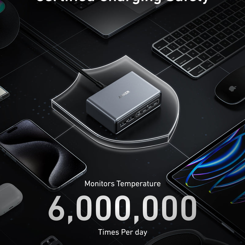 Anker Prime 200W GaN charger with six USB ports, compact design, black color, and multiple charging options for devices.