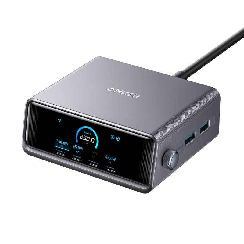 Anker Prime Charger 250W with 6 ports, GaNPrime technology, compact design, and multiple charging options for devices.