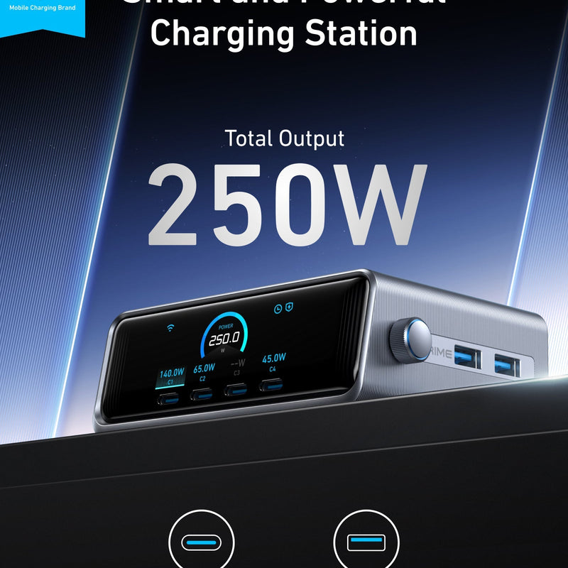 Anker Prime 250W GaN charger with six USB ports, compact design, and sleek black finish for versatile device charging.