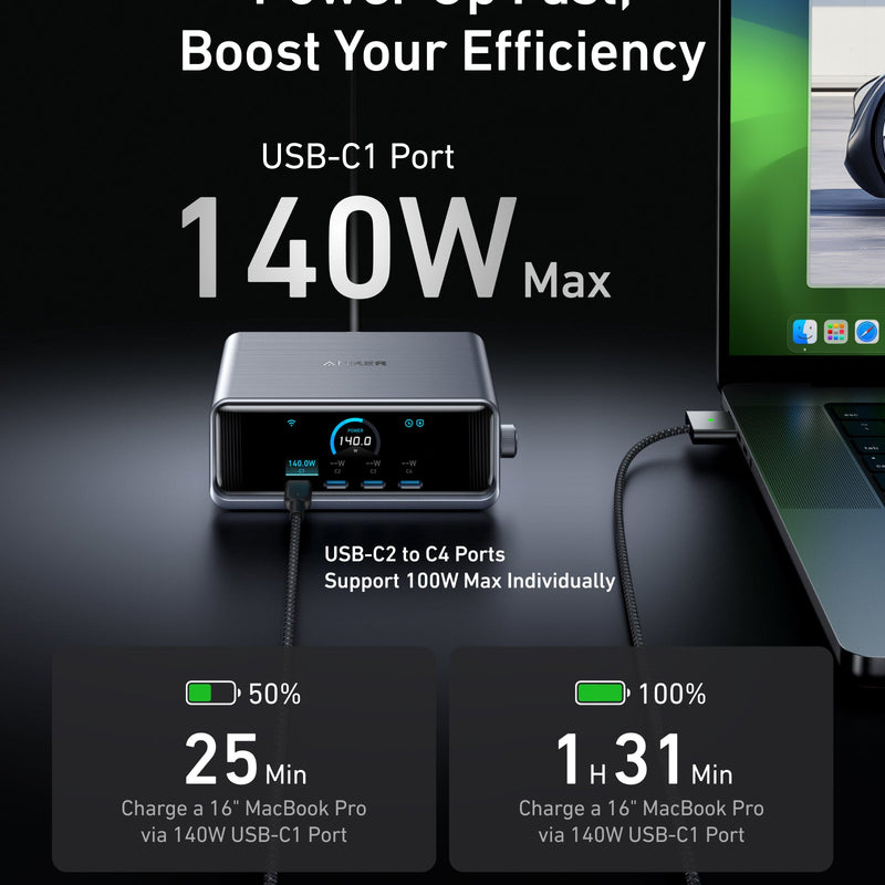 Anker Prime 250W GaNPrime charger with six ports, compact design, and sleek black finish.