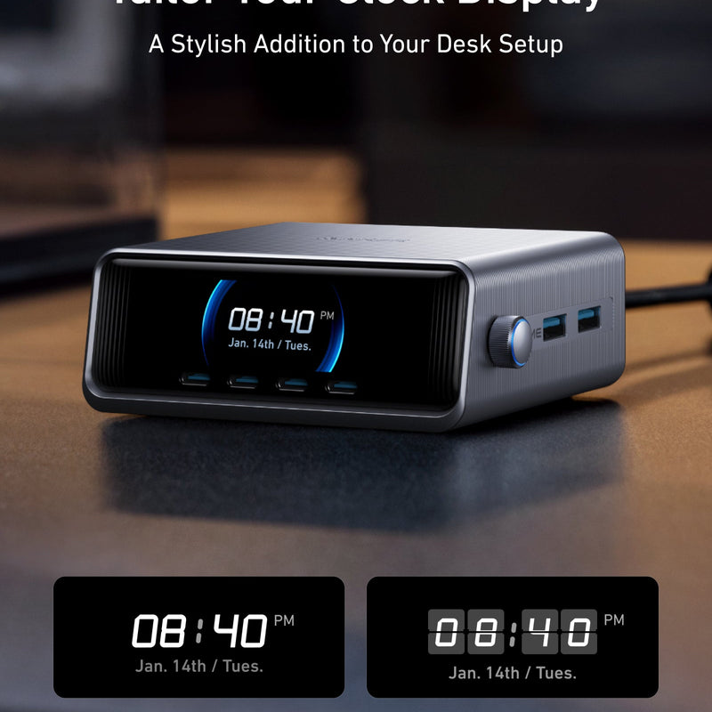 Anker Prime 250W GaN charger with six USB ports, compact design, and sleek black finish on a white background.