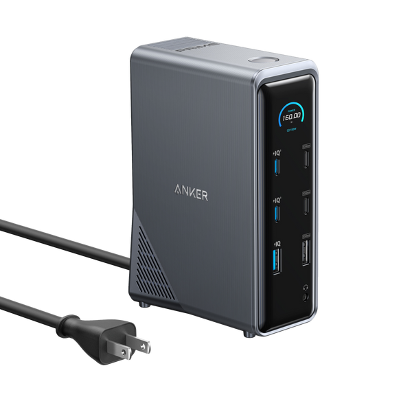 Anker Prime 14-in-1 charging docking station with dual displays and 160W power output, connected to multiple devices.
