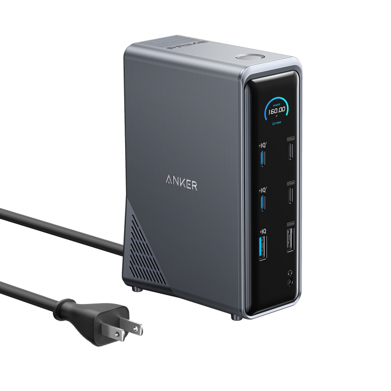 Anker Prime 14-in-1 charging docking station with dual displays and 160W power output, connected to multiple devices.