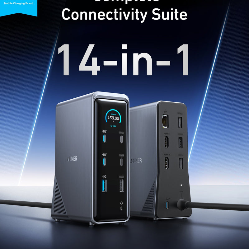 Anker Prime 14-in-1 charging docking station with dual display ports and 160W power output, connected to various devices.