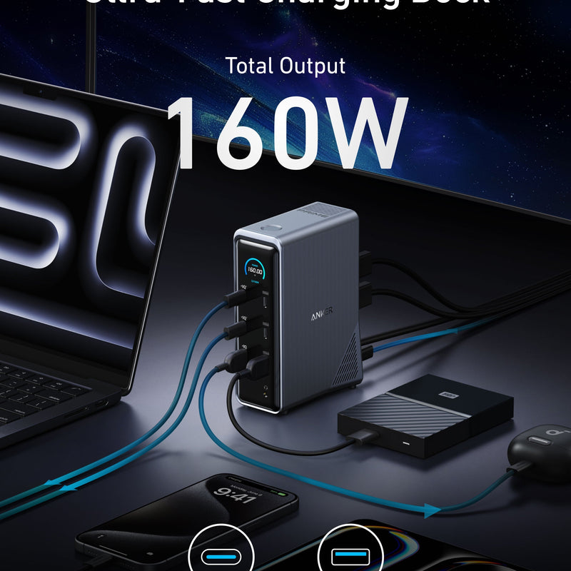 Anker Prime 14-in-1 charging docking station with dual display ports and 160W power output for versatile device connectivity.