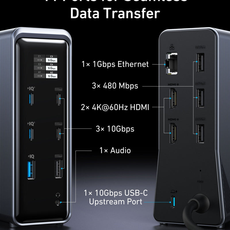 Anker Prime 14-in-1 charging docking station with dual display and 160W power output on a sleek black surface.