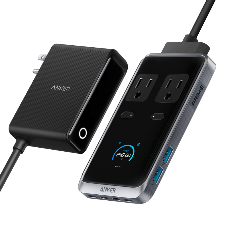 Anker Prime 8-in-1 240W charging station with multiple ports for charging smartphones, tablets, and devices simultaneously.