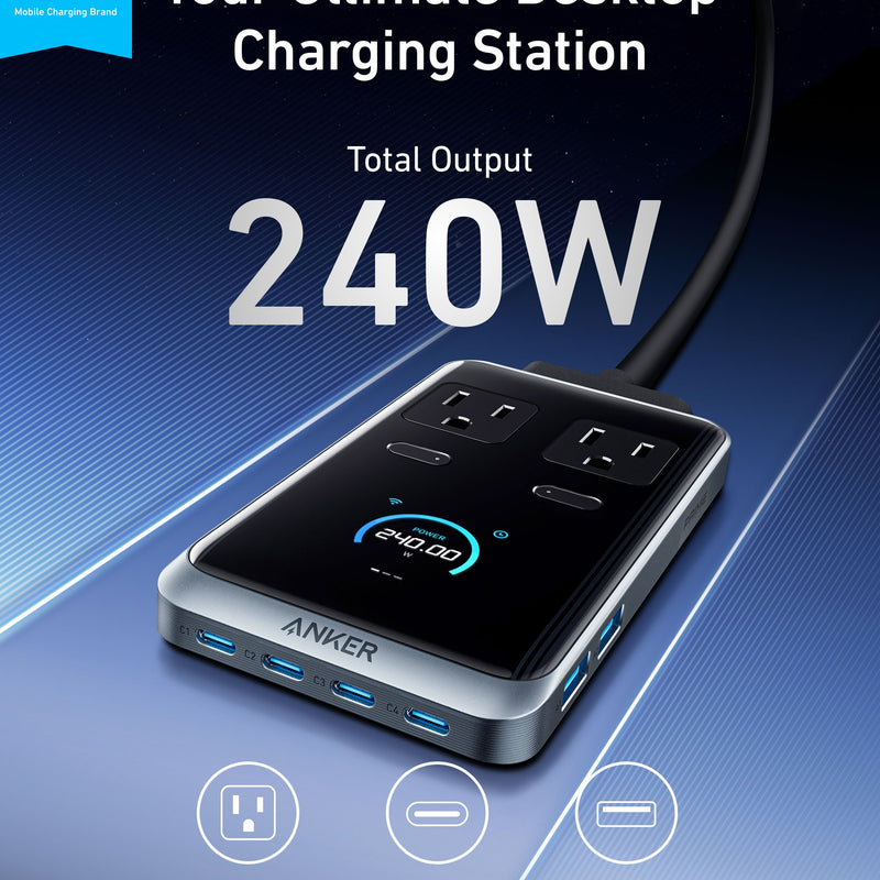 Anker Prime 8-in-1 240W charging station with multiple ports for smartphones, tablets, and accessories.