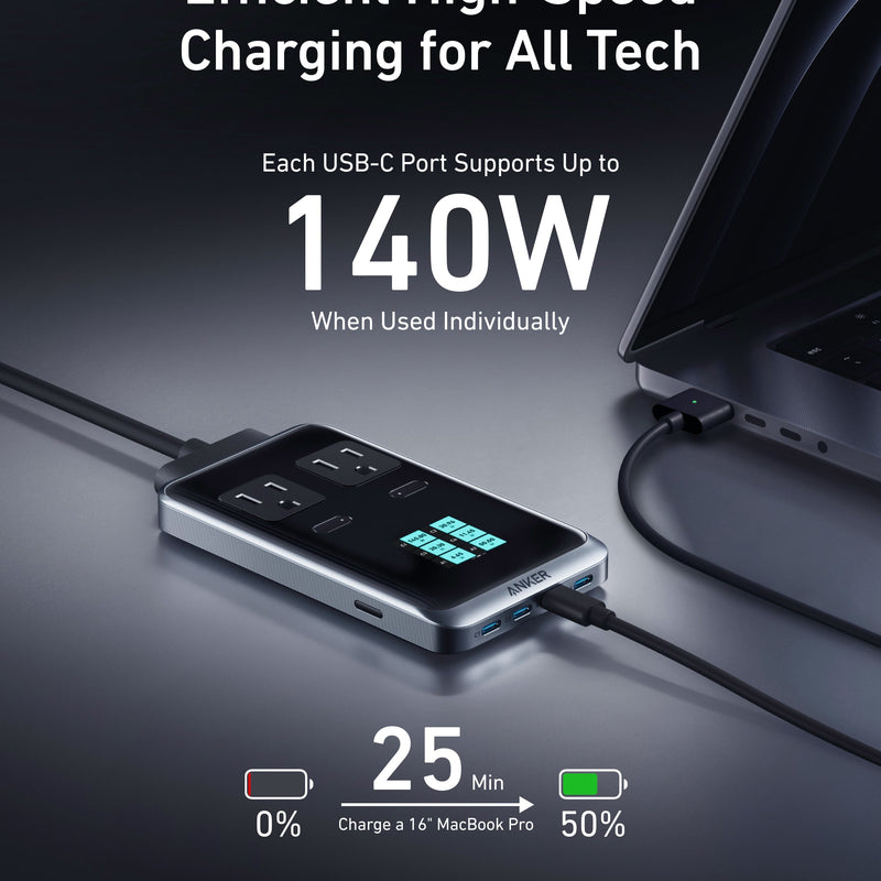 Anker Prime 8-in-1 240W charging station with multiple ports for charging smartphones, tablets, and devices simultaneously.
