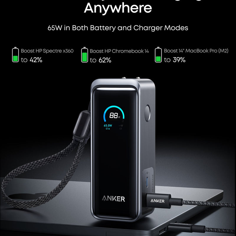 Anker Prime Power Bank 9.6K 65W Fusion portable charger with digital display and multiple USB ports for fast charging.
