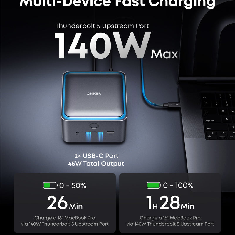 Anker Prime TB5 Docking Station with 14-in-1 ports, 8K video support, and Thunderbolt 5 connectivity on a sleek black station.