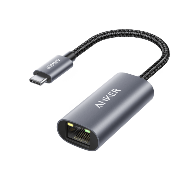 Anker PowerExpand USB-C to Gigabit Ethernet Adapter in gray, showing compact design with USB-C and Ethernet ports