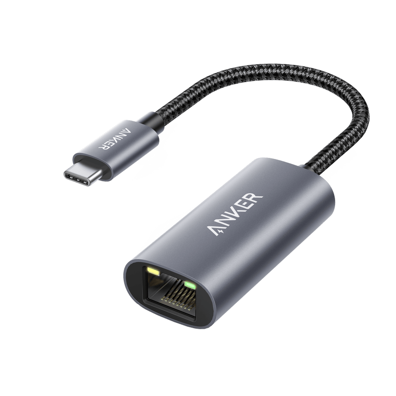 Anker PowerExpand USB-C to Gigabit Ethernet Adapter in gray, showing compact design with USB-C and Ethernet ports