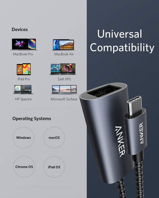 Anker PowerExpand USB-C to Gigabit Ethernet Adapter in gray showing the compact, portable design for wired network connectivity.