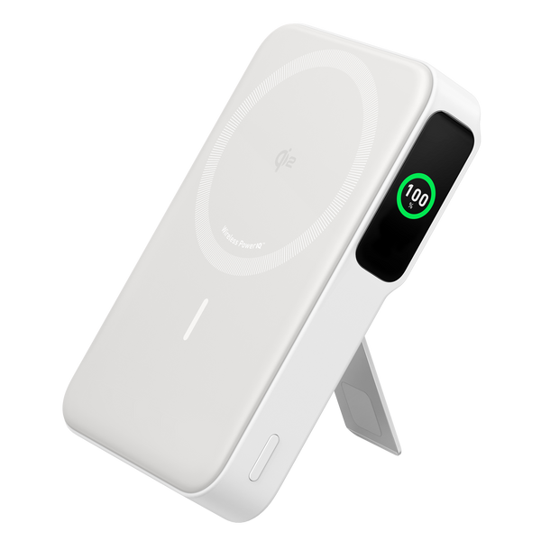 White Anker MagGo Power Bank 10K with magnetic attachment, compact design, and USB-C port for portable charging.