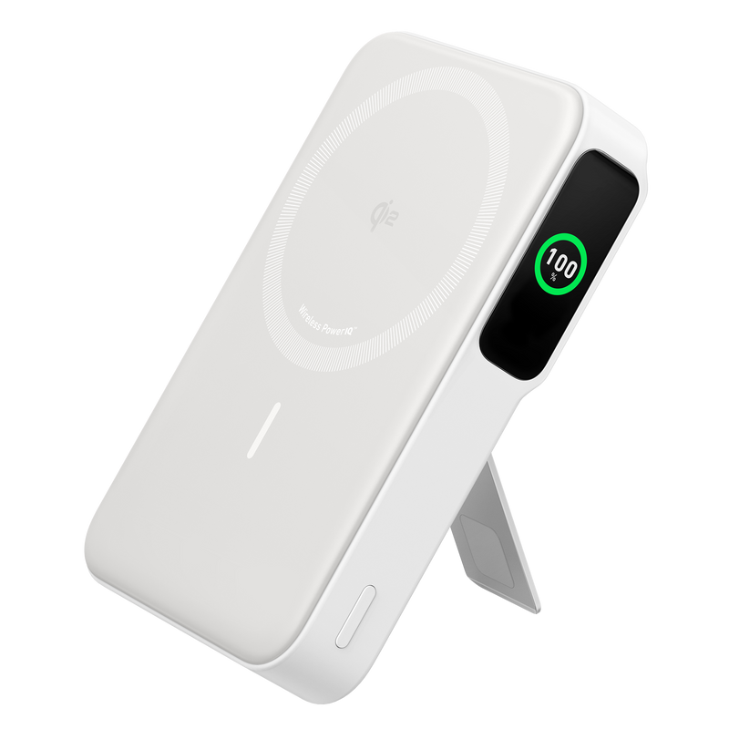 White Anker MagGo Power Bank 10K with magnetic attachment, compact design, and USB-C port for portable charging.