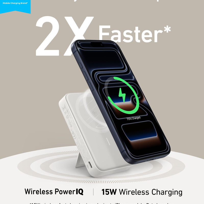 White Anker MagGo Power Bank 10K with MagSafe-compatible magnetic charging surface and compact portable design.