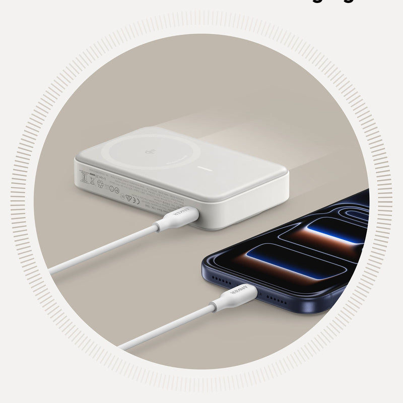 White Anker MagGo Power Bank 10K with sleek shell design, portable portable power bank for charging devices on the go.