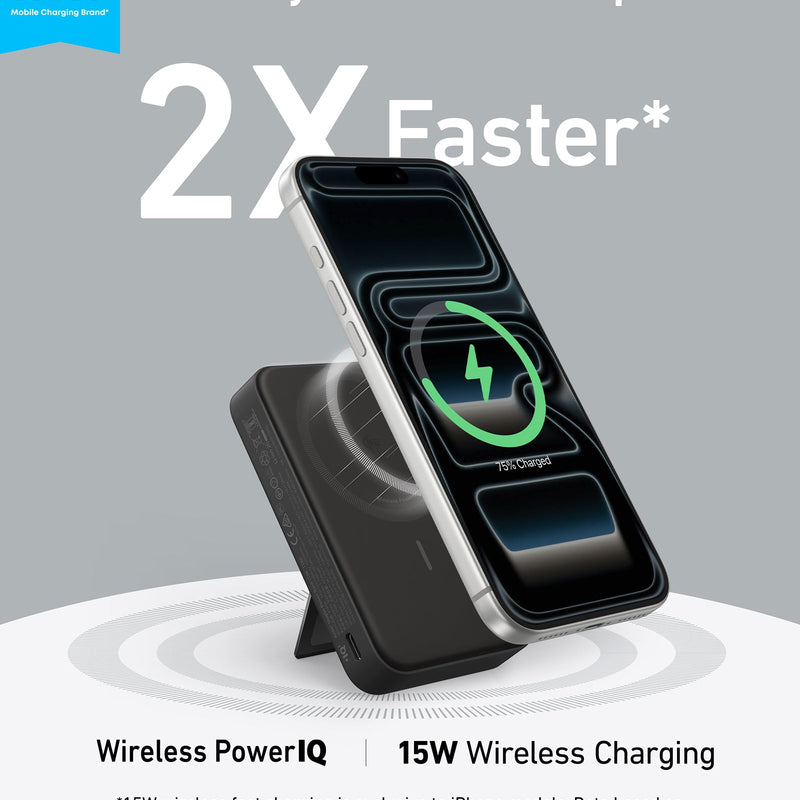 White Anker MagGo Power Bank with 10,000mAh capacity, sleek portable charger with MagSafe compatibility and LED indicator.