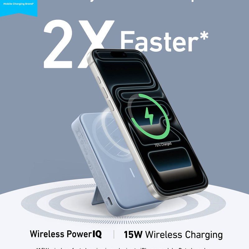 White Anker MagGo Power Bank with 10,000mAh capacity, portable portable charging device with magnetic attachment for smartphones.