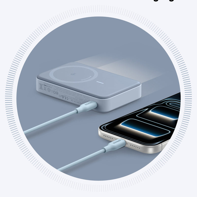 White Anker MagGo Power Bank 10K with MagSafe-compatible magnetic charging surface and compact design for portable power.