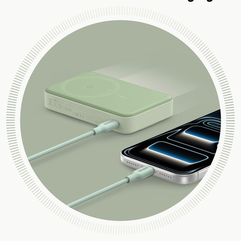 White Anker MagGo Power Bank 10K with MagSafe-compatible magnetic attachment and compact design for portable charging.