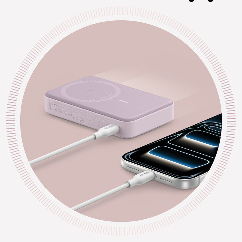 White Anker MagGo Power Bank 10K with magnetic attachment and compact design, shown with charging ports and sleek surface.