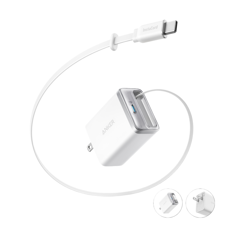 Anker Nano 35W charger with built-in retractable USB-C cable in white, compact and portable power adapter for fast charging.