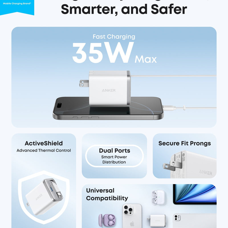 Anker Nano Charger 35W with built-in retractable USB-C cable in white, compact power adapter for fast charging.
