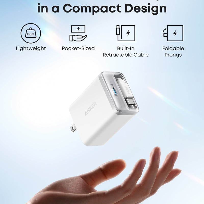 White Anker Nano 35W charger with built-in retractable USB-C cable, compact and portable for fast device charging.