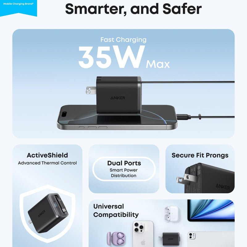 Anker Nano Charger 35W with built-in retractable USB-C cable, compact white power adapter for fast charging devices