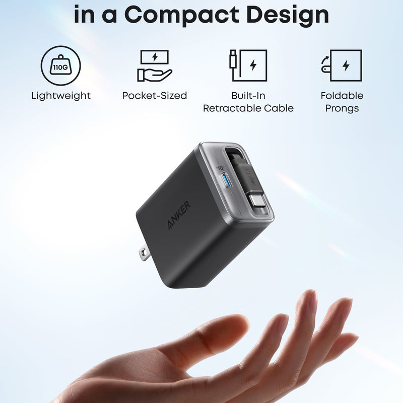 Anker Nano Charger 35W with built-in retractable USB-C cable in white, compact and portable charging adapter.