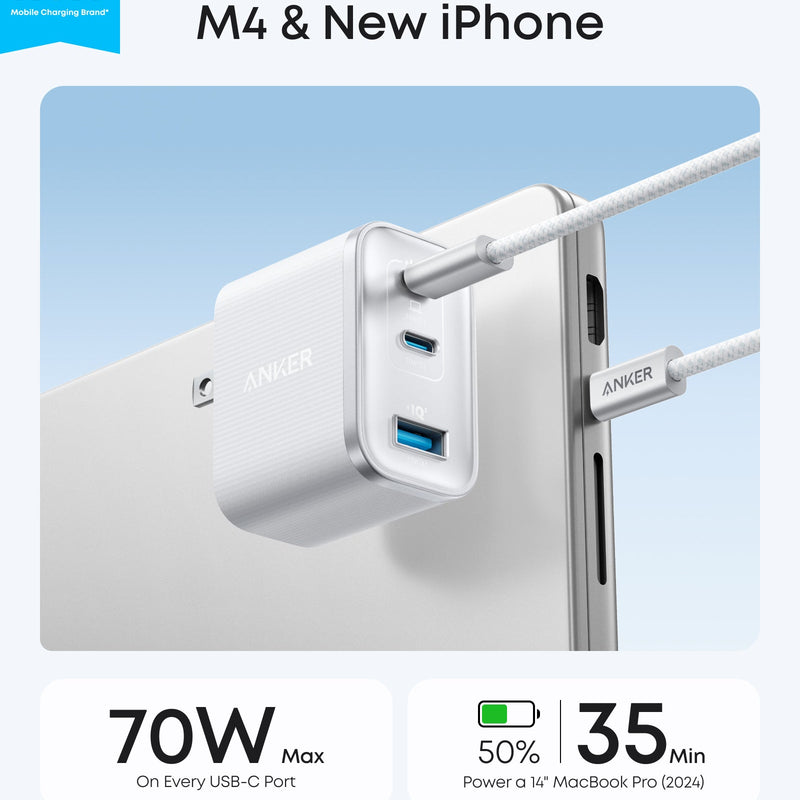 Anker Nano Charger 70W with three USB-C ports in white, compact and lightweight for fast device charging.
