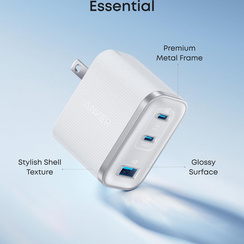 White Anker Nano Charger with 70W power and three USB-C ports, compact and efficient for fast device charging.