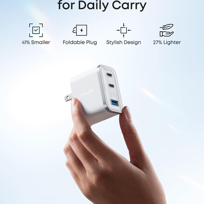 White Anker Nano Charger with 70W power and three USB-C ports, compact and versatile for fast device charging.