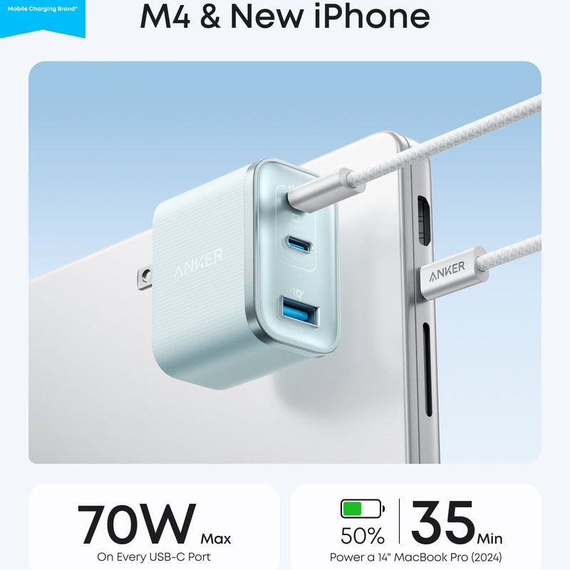 White Anker Nano Charger with 70W power and three USB ports for fast charging devices.