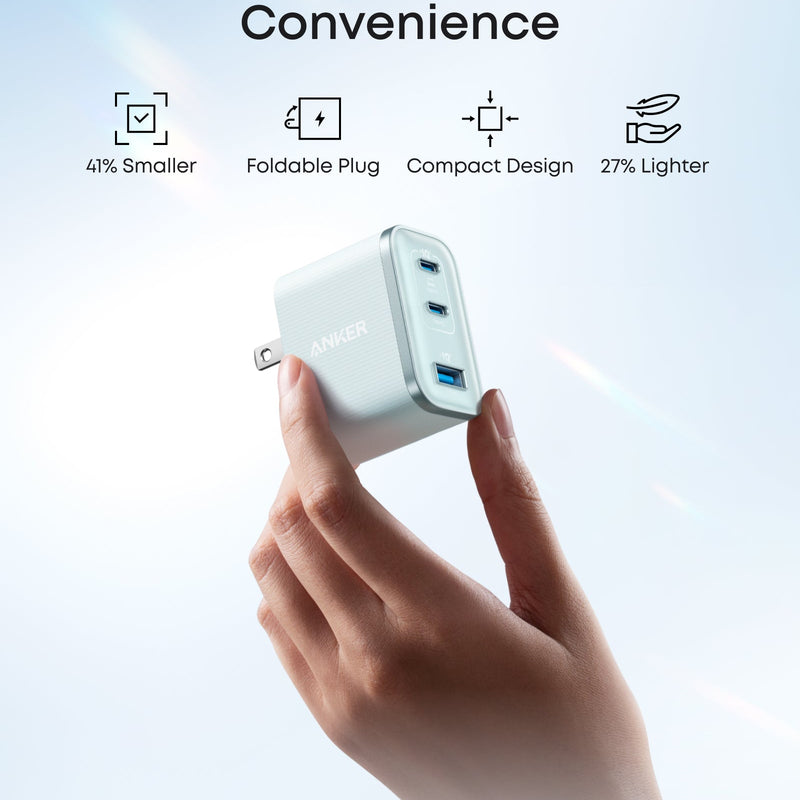 Anker Nano Charger 70W with three USB-C ports in a white shell, compact and versatile for fast device charging.