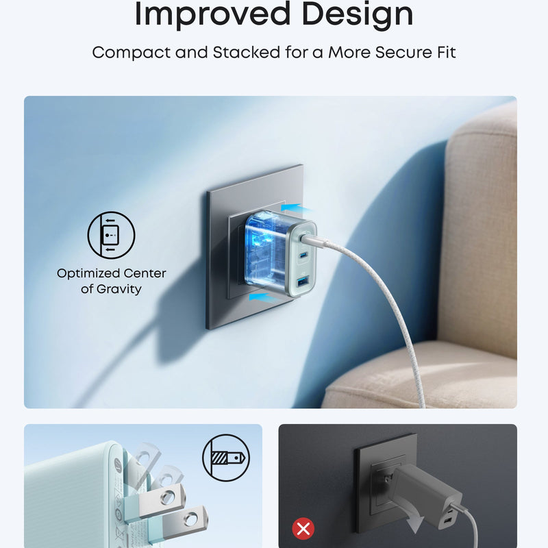 White Anker Nano Charger with 70W power and three USB-C ports for fast charging multiple devices simultaneously.