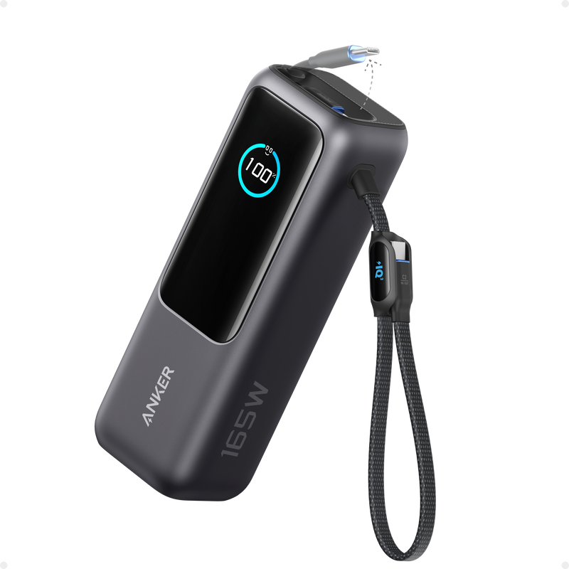 Anker 25K 165W laptop power bank with built-in and retractable cables in space black, portable and high-capacity for charging on the go.
