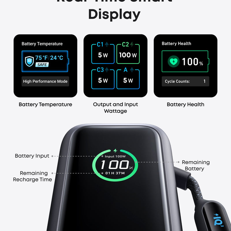 Anker 25K 165W laptop power bank in space black with built-in and retractable cables for portable charging.