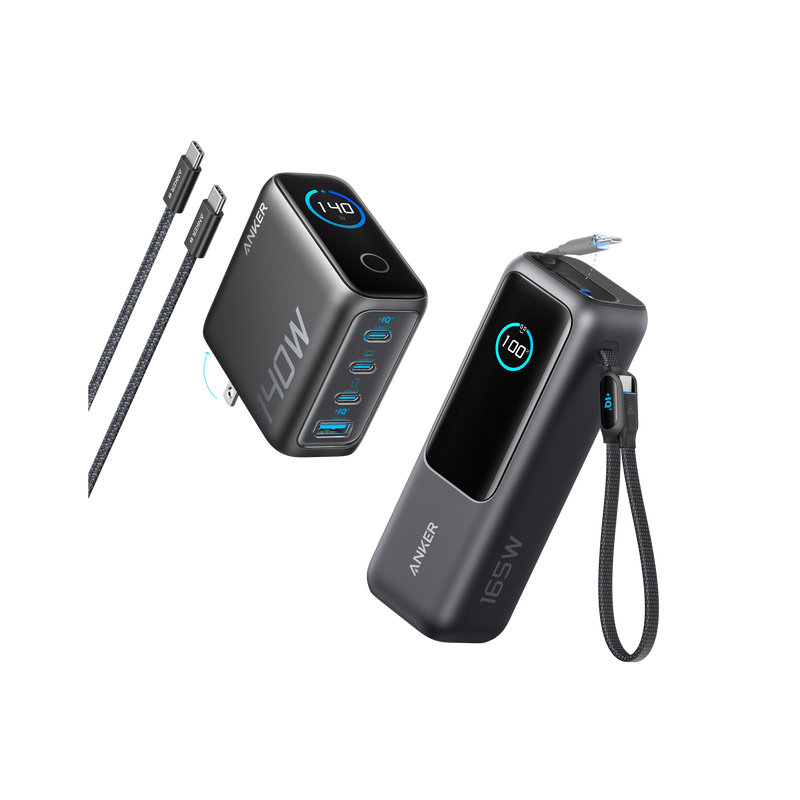 Anker 25K 165W laptop power bank in space black with built-in and retractable cables for portable charging.