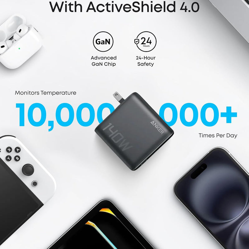 Anker 25K 165W laptop power bank in space black with built-in and retractable cables for portable charging.