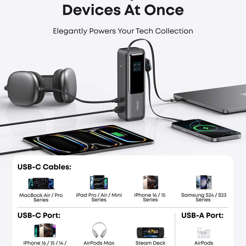 Anker 25K 165W space black laptop power bank with built-in retractable cables and compact design, portable for charging on the go.