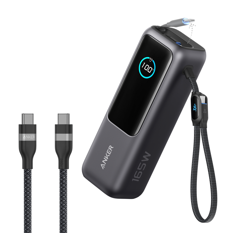 Anker 25K 165W laptop power bank with built-in and retractable cables in space black for portable charging.