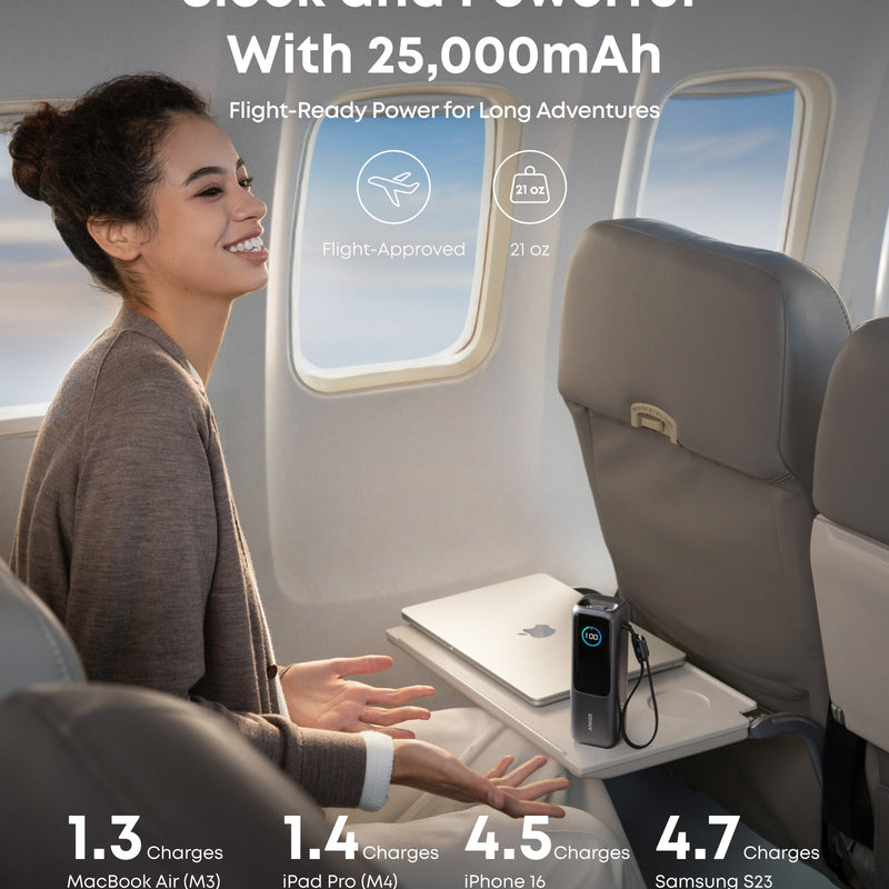 Anker 25K 165W laptop power bank in space black with built-in and retractable cables, portable for charging on the go.