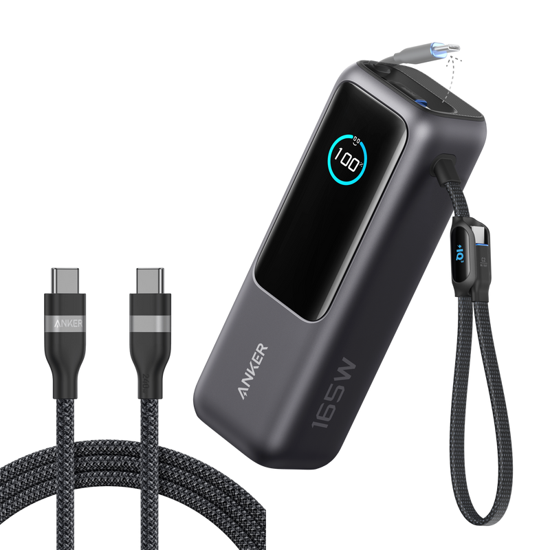 Anker 25K 165W laptop power bank in space black with built-in and retractable cables for portable charging.
