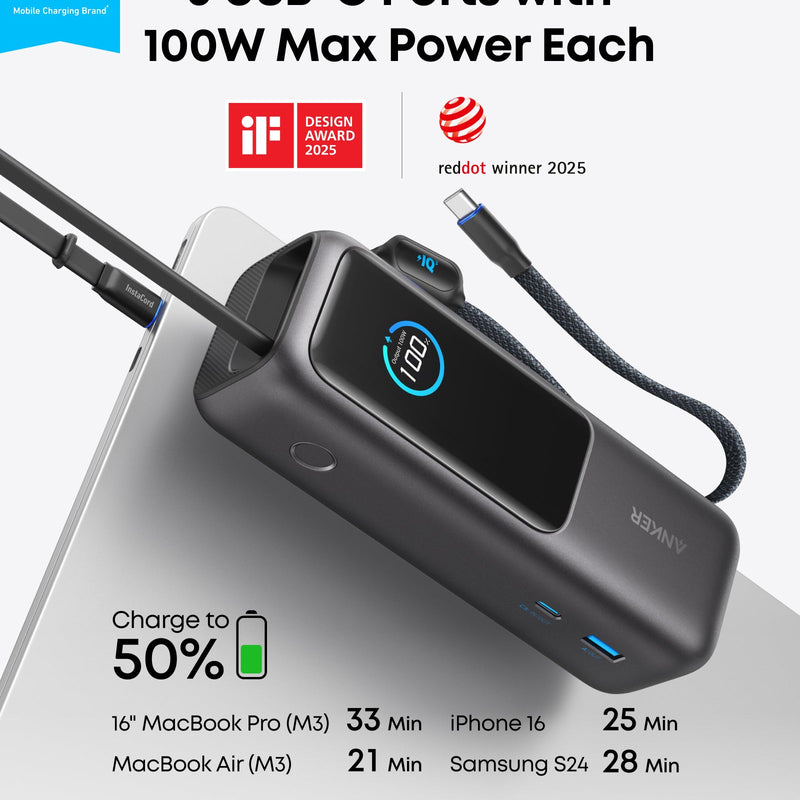 Anker 25K 165W laptop power bank in space black with built-in and retractable cables, portable for charging on the go.