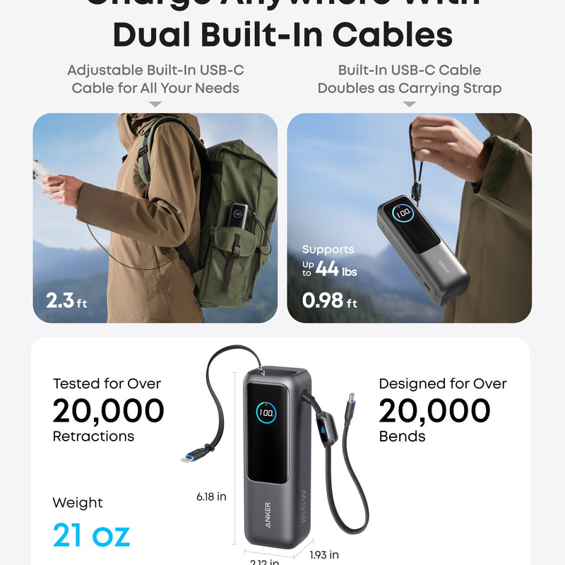 Anker 25K 165W laptop power bank with built-in and retractable cables in space black, ideal for portable charging.