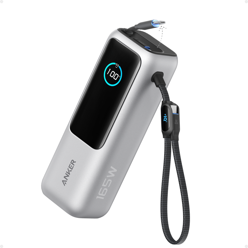 Anker 25K 165W black laptop power bank with built-in and retractable cables for portable charging.